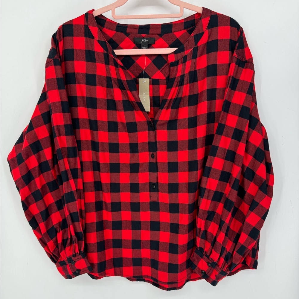 J. Crew Women's Open V-Neck Longsleeve in Buffalo Check Plaid NWT Size Large